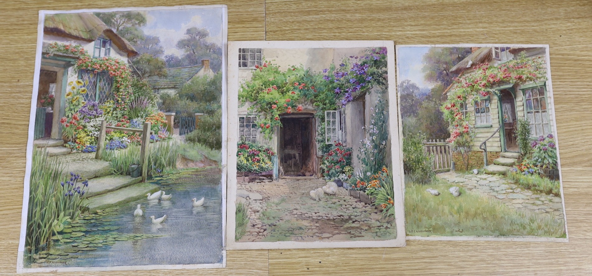 William Ashburner (active 1900-1932), three watercolours, Cottage Gardens, signed, unframed, largest 38 x 30cm